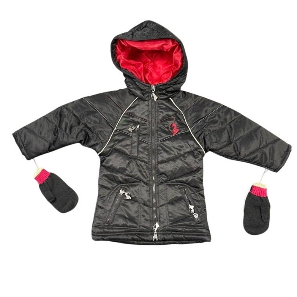 Vintage Baby‎ Phat Girlz Black Puffer Jacket with Red Lining and Mittens Size 2T